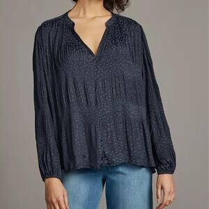 Anthropologie Current Air Navy Star Long Balloon Sleeve Pleated Relaxed Blouse